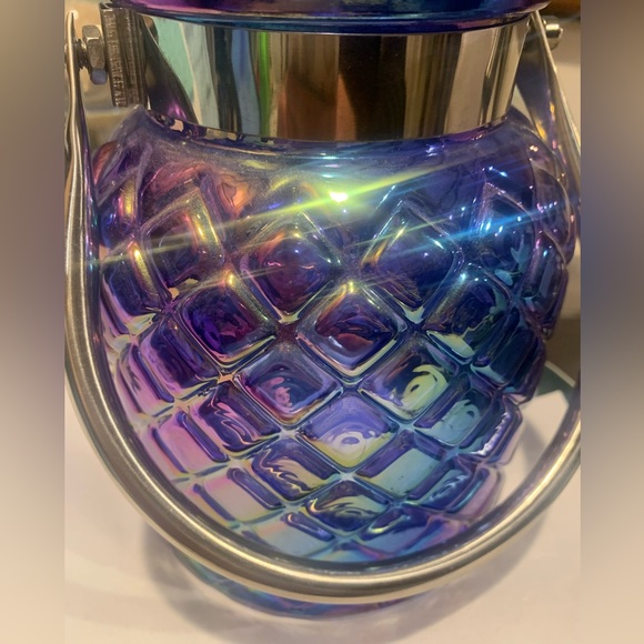 Blue Opalescent Patterned Glass Lantern/Vase W Silver Metal Band & Handle 6.5” - Picture 3 of 13